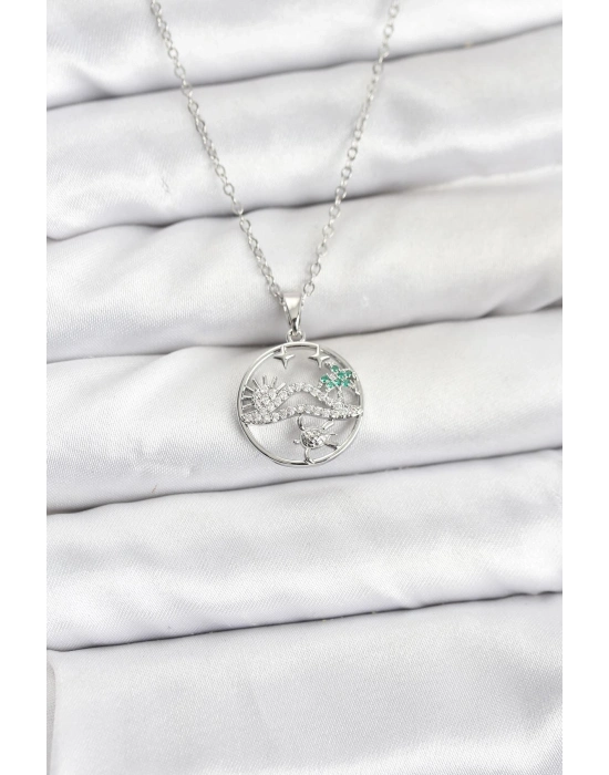 ® 316L Çelik Zincir Gümüş Renk Şans Kolyesi Model Zirkon Taşlı Kadın Kolye