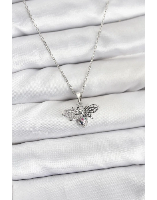 ® 316L Çelik Zincir Gümüş Renk Sinek Model Zirkon Taşlı Kadın Kolye