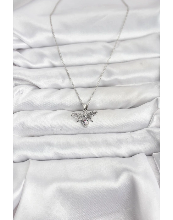 ® 316L Çelik Zincir Gümüş Renk Sinek Model Zirkon Taşlı Kadın Kolye