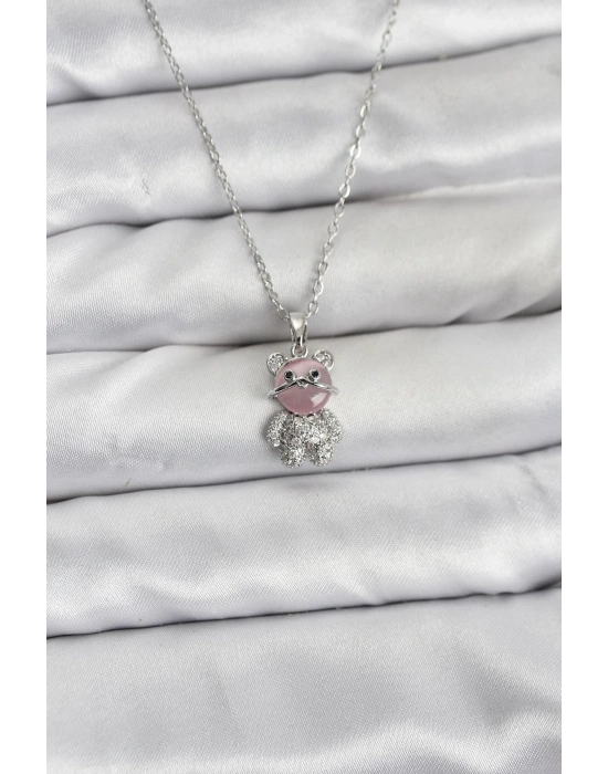 ® 316L Çelik Zincir Gümüş Renk Teddy Bear Model Zirkon Taşlı Kadın Kolye