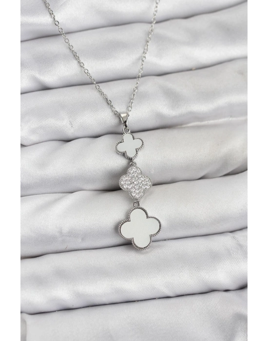 ® 316L Çelik Zincir Gümüş Renk Yonca Detaylı Zirkon Taşlı Kadın Kolye