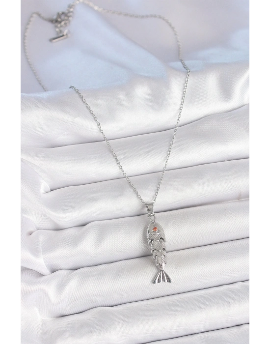 ® 316L Çelik Zincir Gümüş Renk Zirkon Taşlı Balık Figürlü Kolye