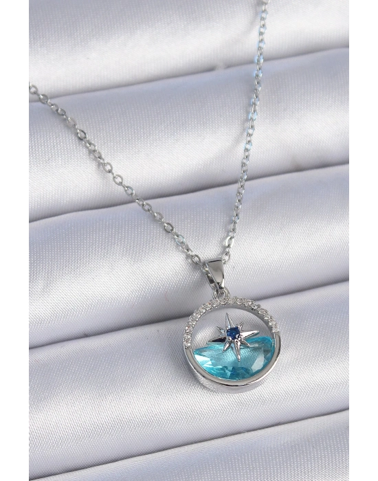 ® 316L Çelik Zincir Gümüş Renk Zirkon Taşlı Deniz Görünüm Kutup Yıldızı Kolye