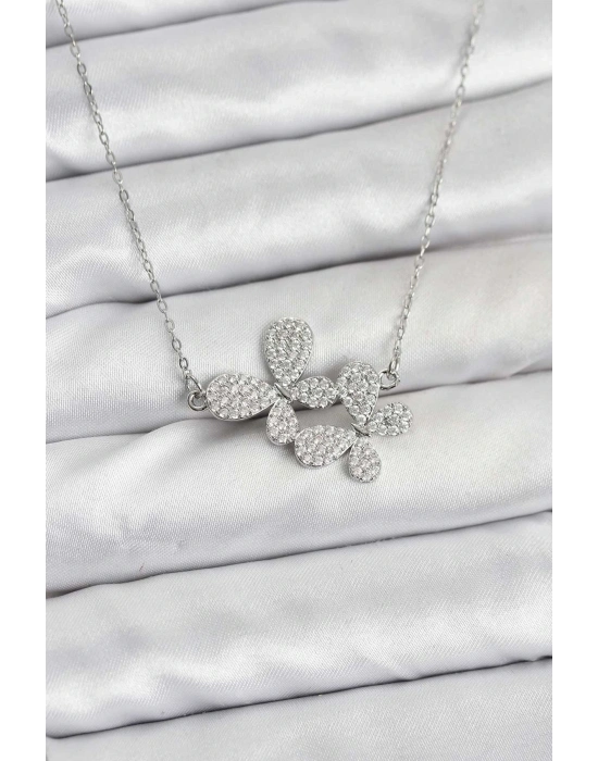 ® 316L Çelik Zincir Gümüş Renk Zirkon Taşlı Kelebek Model Kadın Kolye