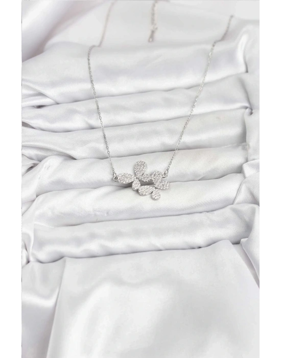 ® 316L Çelik Zincir Gümüş Renk Zirkon Taşlı Kelebek Model Kadın Kolye