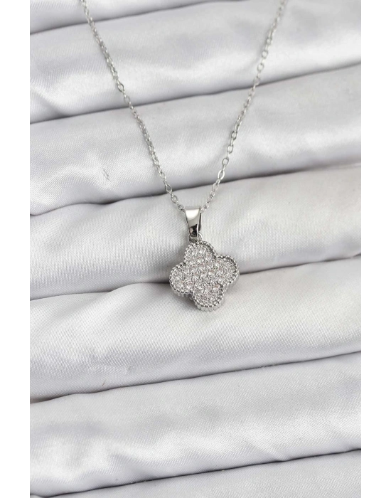 ® 316L Çelik Zincir Gümüş Renk Zirkon Taşlı Yonca Model Kadın Kolye