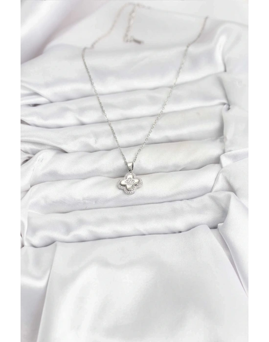 ® 316L Çelik Zincir Gümüş Renk Zirkon Taşlı Yonca Model Kadın Kolye