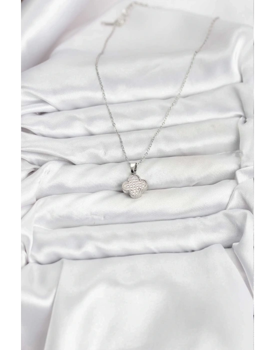 ® 316L Çelik Zincir Gümüş Renk Zirkon Taşlı Yonca Model Kadın Kolye