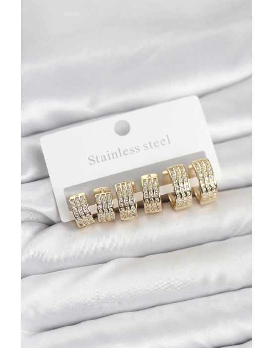 ® 316L Çelik Zirkon Taşlı Gold Halka Küpe Seti