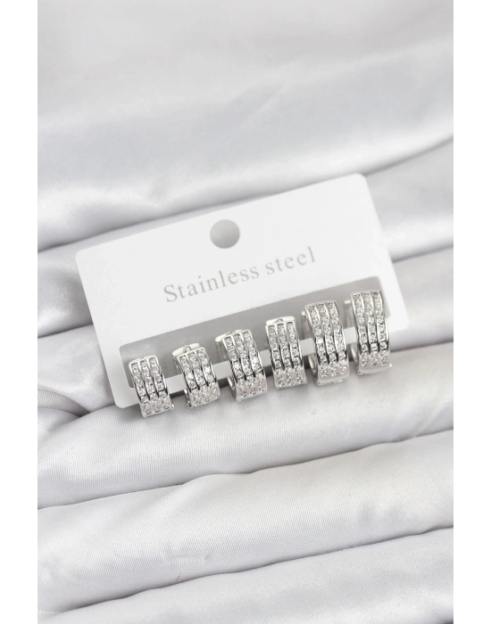 ® 316L Çelik Zirkon Taşlı Gümüş Renk Halka Küpe Seti