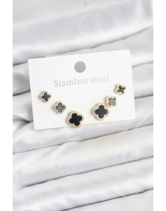 ® 316L Çelik Zirkon Taşlı Yonca Model Kadın Küpe Seti