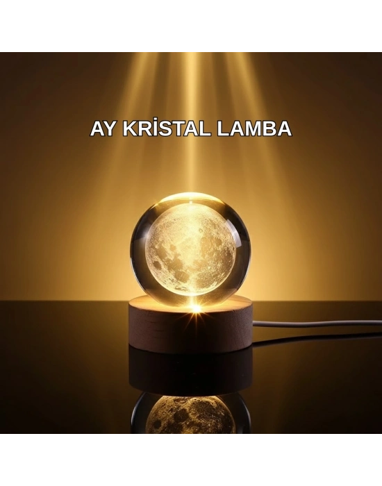 ® 3D Lazer İşlemeli Ay Küresi Ahşap Standlı USB Bağlantılı Dekoratif Lamba