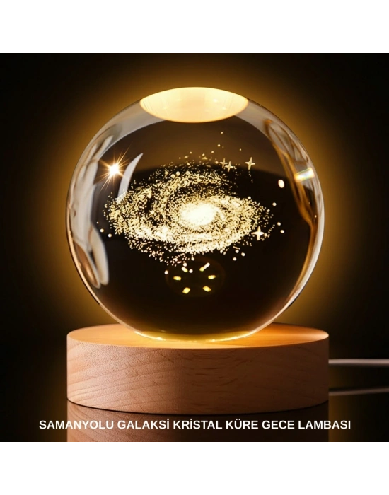 ® 3D Samanyolu Galaksi Kristal Küre USB LED Işıklı Ahşap Standlı Gece Lambası