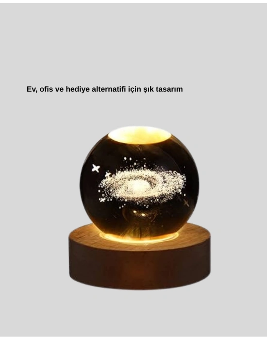 ® 3D Samanyolu Galaksi Kristal Küre USB LED Işıklı Ahşap Standlı Gece Lambası