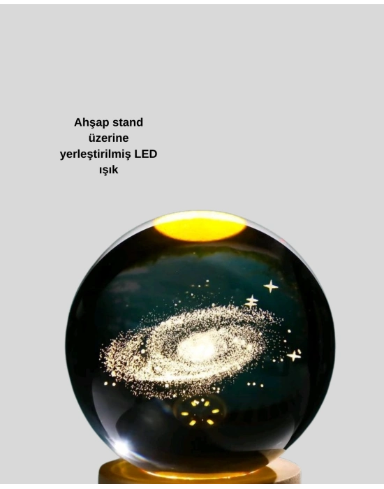 ® 3D Samanyolu Galaksi Kristal Küre USB LED Işıklı Ahşap Standlı Gece Lambası