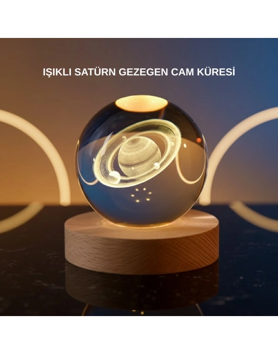 ® 3D Satürn Gravürlü Kristal Küre Dekoratif LED Işıklı Gece Lambası