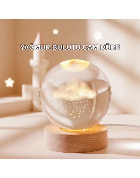 ® 3D Yağmur Bulutu Desenli Kristal Top USB Gece Lambası Ahşap Tabanlı Dekoratif Lamba