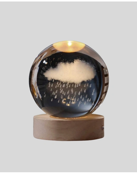 ® 3D Yağmur Bulutu Desenli Kristal Top USB Gece Lambası Ahşap Tabanlı Dekoratif Lamba