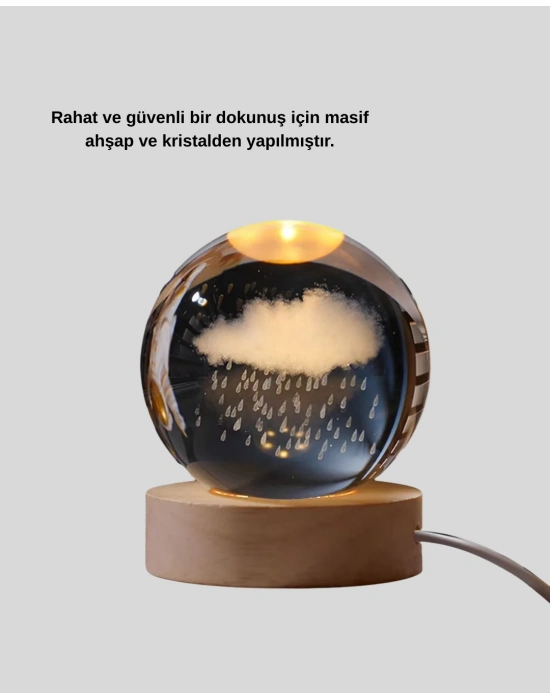® 3D Yağmur Bulutu Desenli Kristal Top USB Gece Lambası Ahşap Tabanlı Dekoratif Lamba