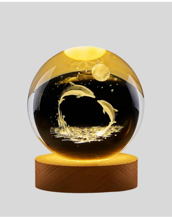 ® 3D Yunus Desenli Kristal Küre Ahşap Tabanlı Işıklı Dekor Objesi