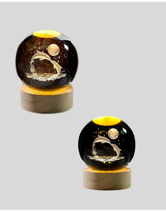 ® 3D Yunus Desenli Kristal Küre Ahşap Tabanlı Işıklı Dekor Objesi