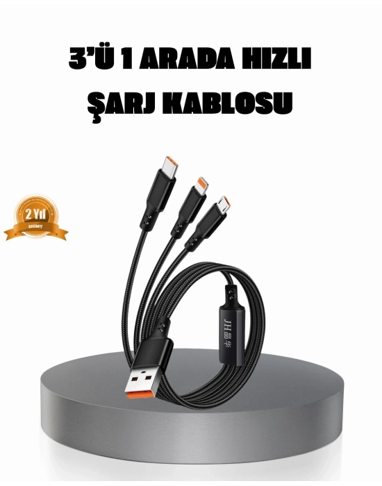 ® 3’ü 1 Arada Şarj Kablosu Type-C iOS Android Uyumlu Hızlı ve Güvenli Şarj
