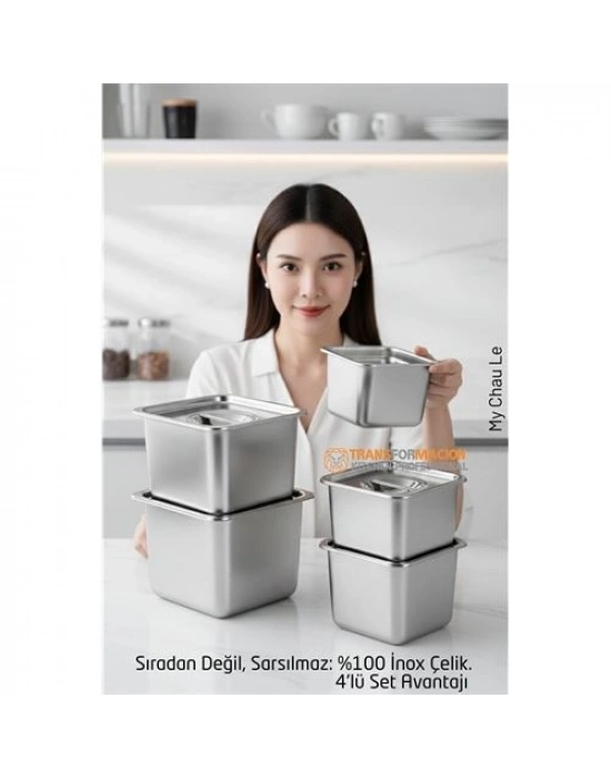 ® 4lü Inox Saklama Kabı - Hava Sızdırmaz Mutfak Düzenleyici 304 Paslanmaz Çelik