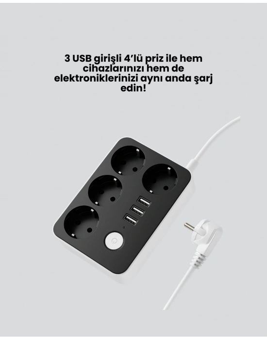 ® 4 Prizli 3 USB Portlu Anahtarlı Akım Korumalı Priz
