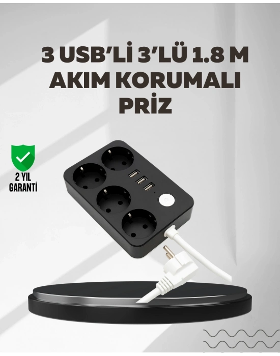 ® 4.1A Hızlı Şarjlı Akım Korumalı 4 Priz ve 3 USB Çıkışlı Priz