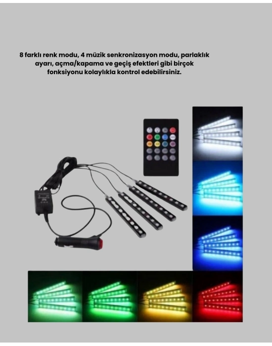 ® 48 LED Araç İçi RGB Şerit Aydınlatma Müzik Senkron USB Kumandalı Set