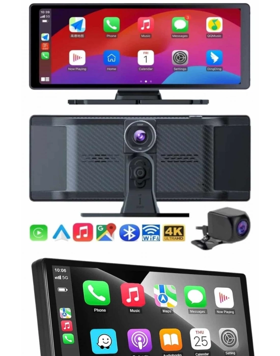 ® 4K 10.2 İnç Çift Kameralı Araç Multimedya Ekranı CarPlay Kablosuz Tüm Cihazlara Uyumlu