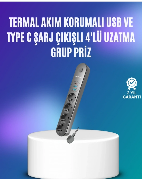 ® 4’lü Çoklu Priz 2 USB Type-C Girişli Akım Korumalı Siyah
