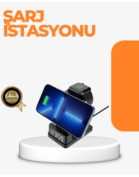 ® 4’ü 1 Arada Kablosuz Şarj İstasyonu – LED Saat Ekranlı, Apple Uyumlu, Akıllı Güvenlik Koruması