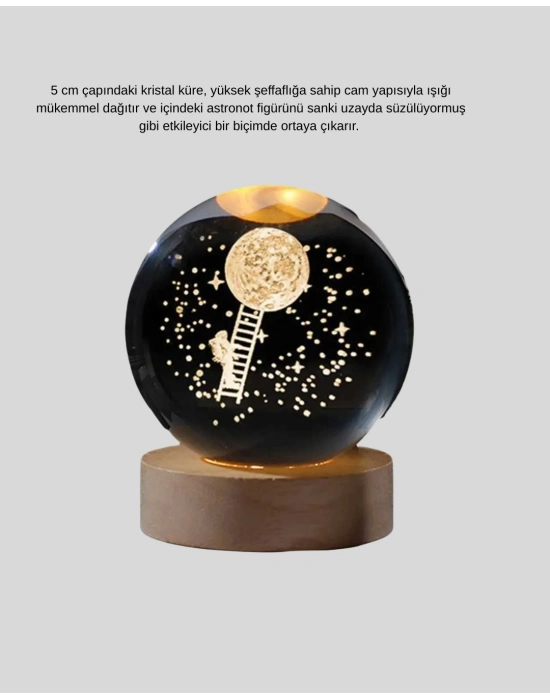 ® 5 cm 3D Kristal Astronot Küre Lamba – Dekoratif LED Işıklı Ahşap Stand