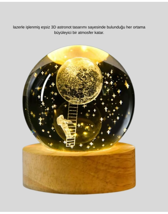® 5 cm 3D Kristal Astronot Küre Lamba – Dekoratif LED Işıklı Ahşap Stand