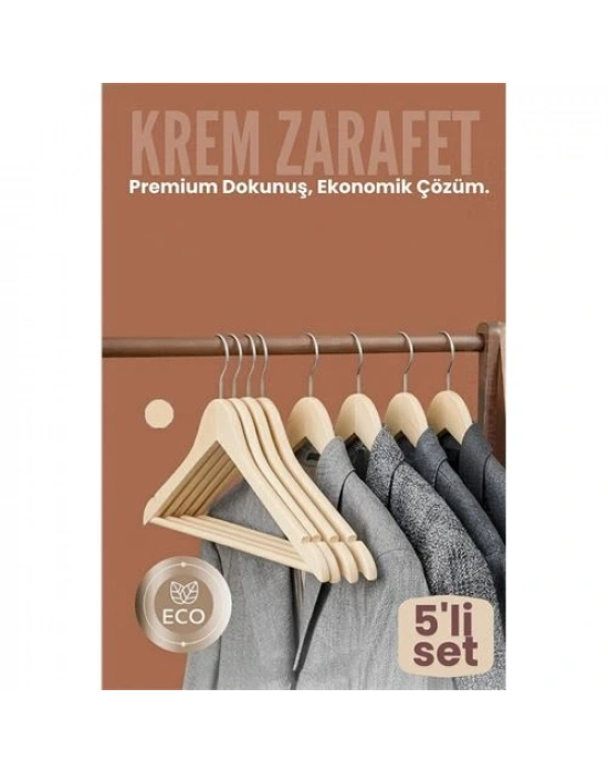 ® 5li Lüks Krem Elbise Ceket Askısı - Ergonomik & Kaymaz Plastik Askı Seti -  Ahşap Görünümlü