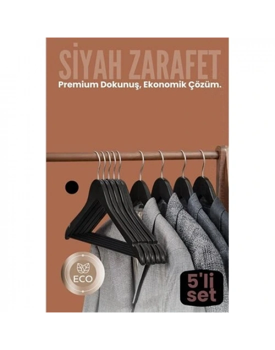 ® 5li Lüks Siyah Elbise Ceket Askısı - Ergonomik & Kaymaz Plastik Askı Seti -  Ahşap Görünümlü