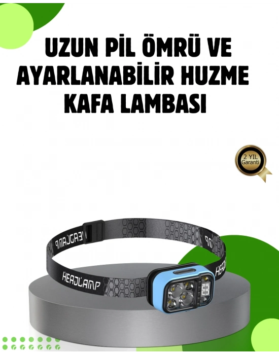 53 Modlu Süper Parlak LED Kafa Lambası Type C Şarjlı Güç Göstergeli