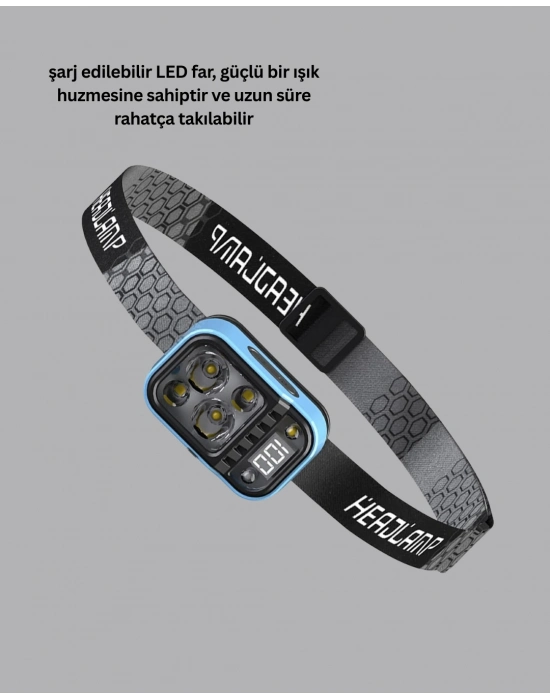 53 Modlu Süper Parlak LED Kafa Lambası Type C Şarjlı Güç Göstergeli