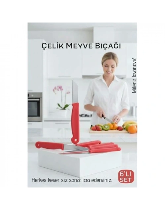 ® 6lı Premium Paslanmaz Çelik Meyve Bıçağı Seti - Kırmızı Saplı Keskin Soyma Bıçağı Takımı