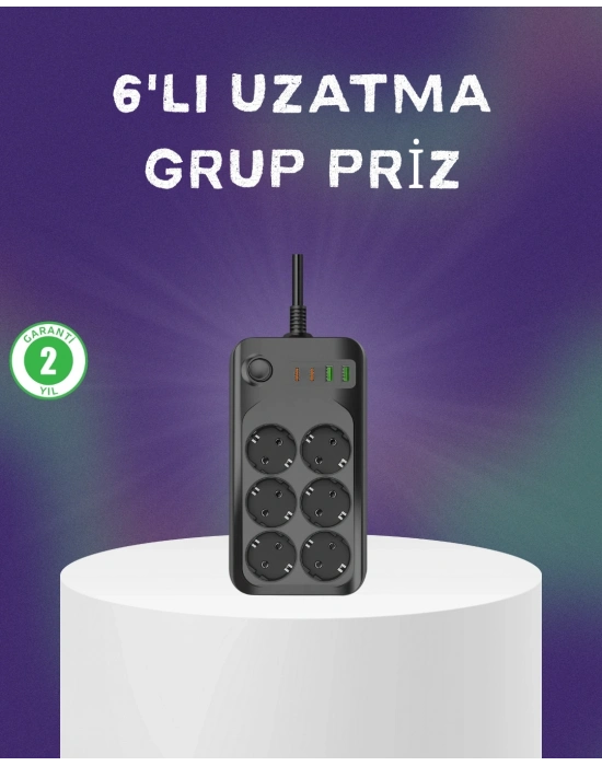 ® 6 Prizli Çoklu Uzatma Kablosu USB Type-C Hızlı Şarj Termal Koruma