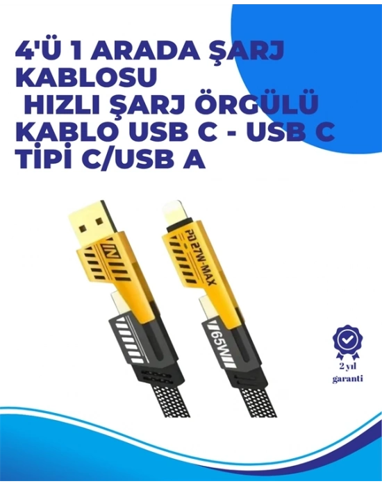 ® 65W 4ü 1 Arada Çoklu Şarj Kablosu – USB-C, USB-A, Lightning, Veri ve Şarj Desteği
