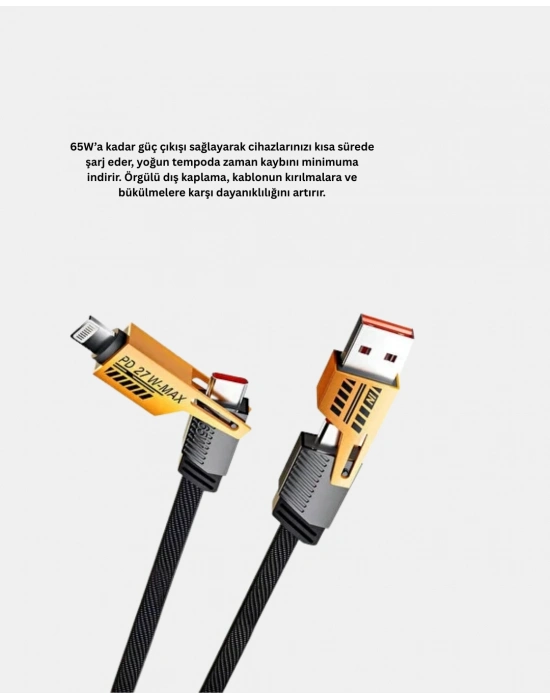 ® 65W 4’ü 1 Arada Örgülü Hızlı Şarj Kablosu USB-C USB-A Çoklu Şarj Dayanıklı