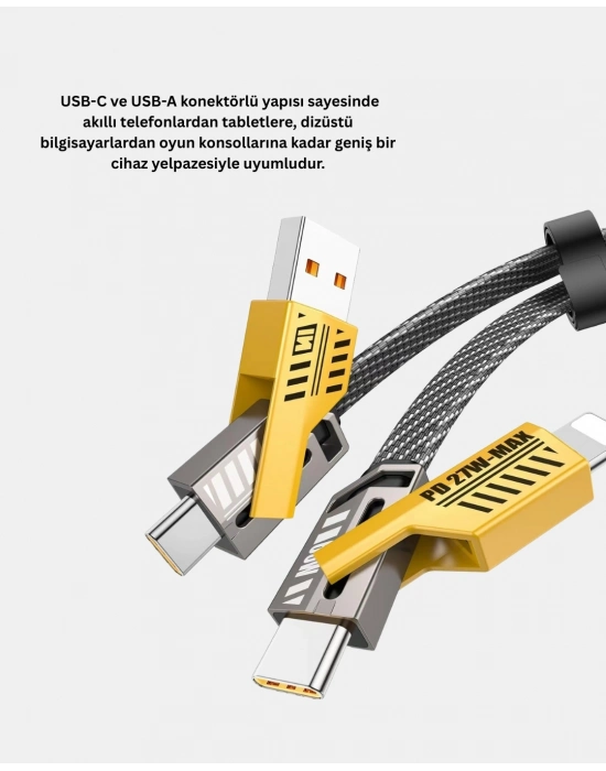 ® 65W Çoklu Şarj Kablosu 4’ü 1 Arada Örgülü Hızlı Veri Aktarım USB-C USB-A