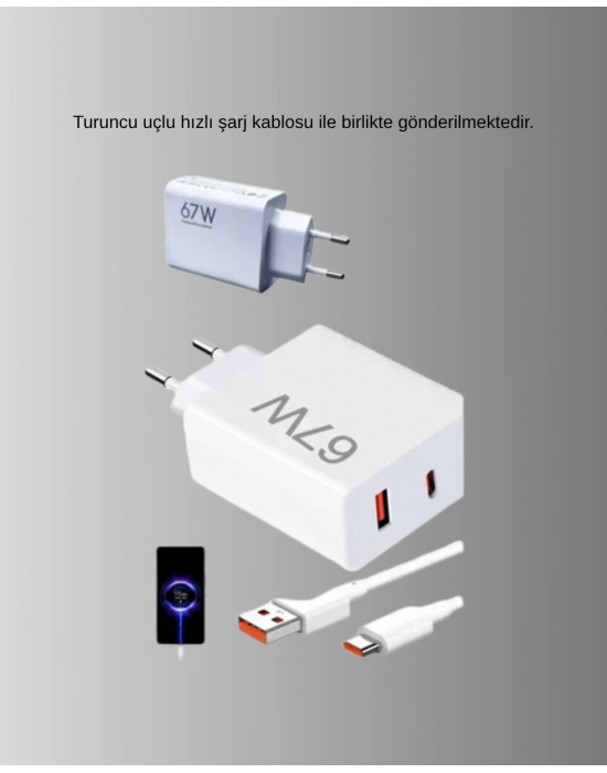 ® 67W Süper Hızlı Şarj Adaptörü ve Kablo Seti – Güvenli, Kompakt ve Ergonomik Tasarım