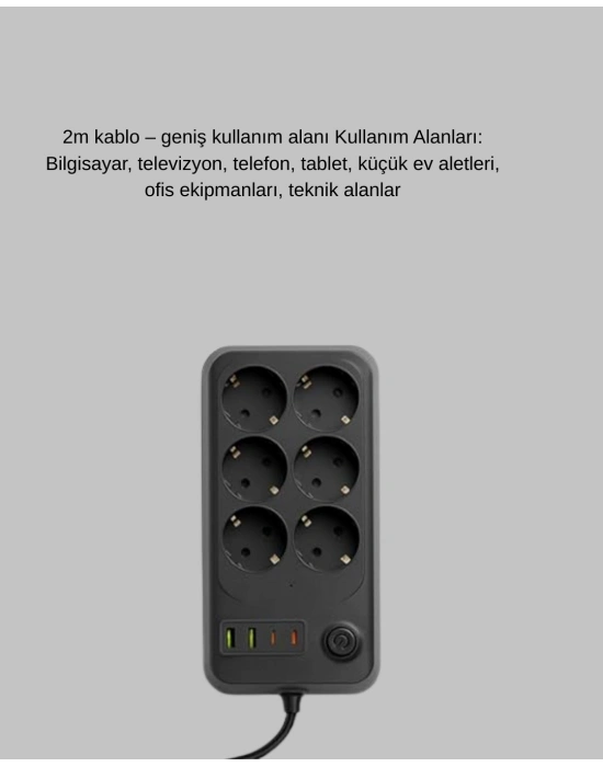 ® 6’lı Grup Priz Termal Korumalı USB Type-C Çoklu Priz 2 Metre Kablo