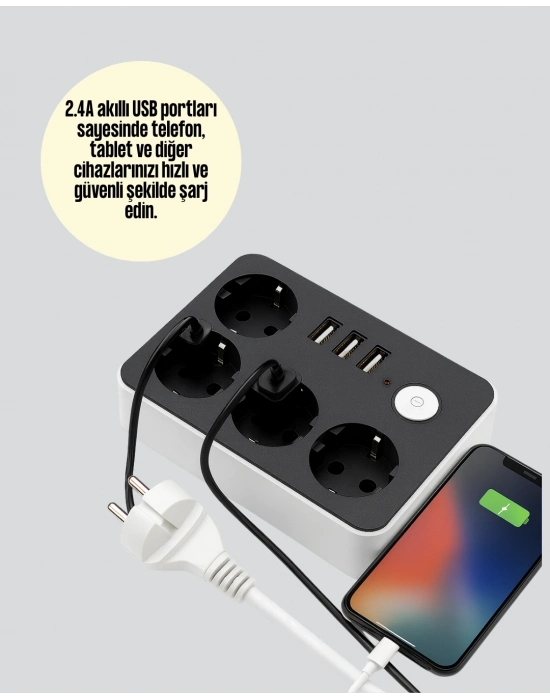 ® 7 Cihazı Aynı Anda Destekleyen 3 USB Portlu 4’lü Priz