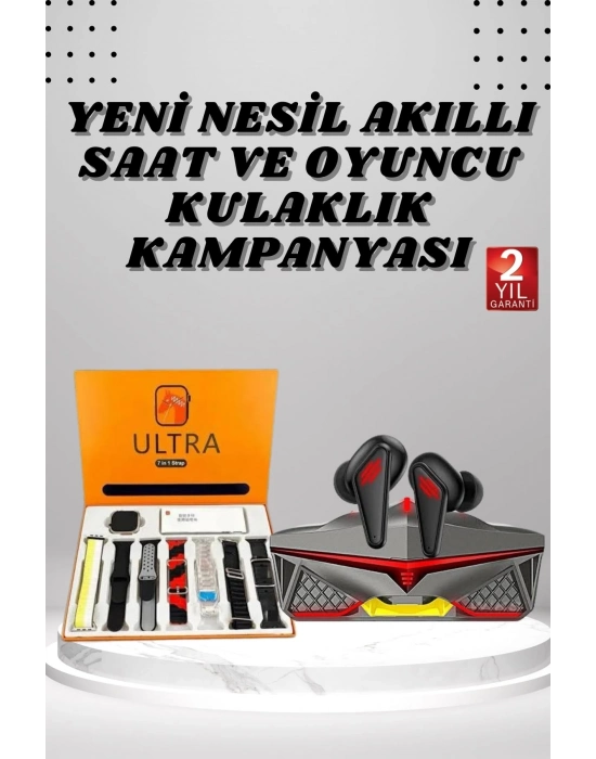 ® 7 Kordonlu Akıllı Saat Ve Oyuncu Kulaklığı Bluetooth Bağlantılı Android ve İOS Uyumlu