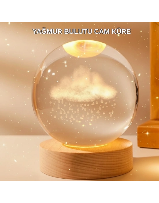 ® 8 cm 3D Yağmur Bulutu Kristal Küre LED Gece Lambası Ahşap Standlı Tasarım Lamba