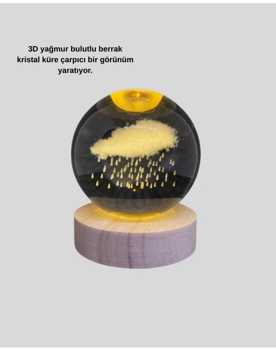 ® 8 cm 3D Yağmur Bulutu Kristal Küre LED Gece Lambası Ahşap Standlı Tasarım Lamba